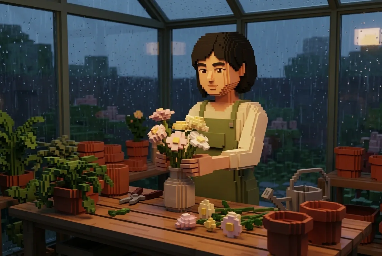 3D Voxel Art portrait of a florist arranging pale wildflowers at a workbench inside a rainy glasshouse with block-shaped plants and warm lights.