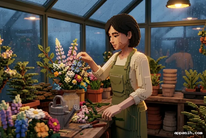 Three-quarter 3D Voxel Art portrait of a florist adjusting pale wildflowers at a workbench inside the same rainy glasshouse, lit by warm lamps and cool evening light.