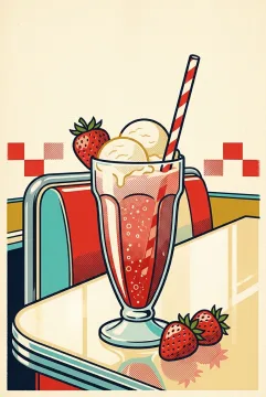 Strawberry soda float with vanilla ice cream and fresh strawberries on a retro diner counter in bold Pop Art styling.