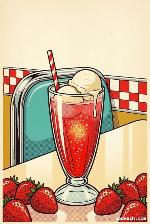 Close three-quarter view of a strawberry soda float with melting vanilla ice cream and fresh berries on a Retro Pop Art diner counter.