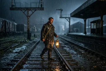 Cinematic signal keeper carrying a glowing brass storm lantern through a flooded rail depot during heavy monsoon rain.