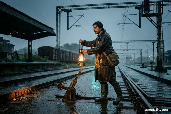 Cinematic signal keeper raising a brass storm lantern beside flooded railway tracks inside a rain-soaked abandoned depot at night.