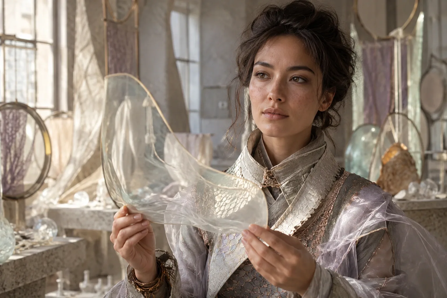 Anonymous near-future textile artisan holding a translucent light-bending veil component inside a sunlit privacy-fashion laboratory.