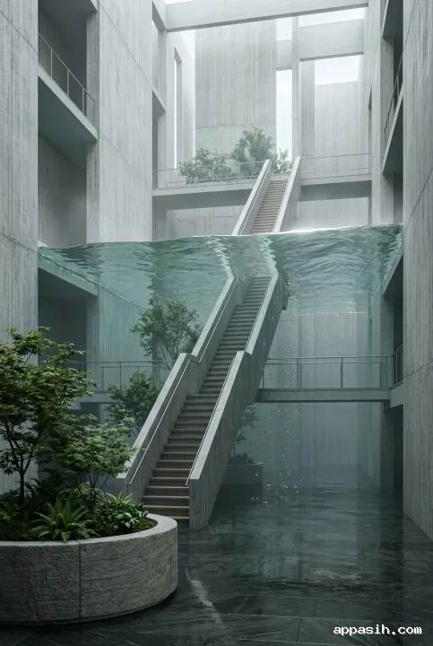 Surreal three-quarter view of a concrete archive atrium where a sculptural staircase passes through suspended seawater amid bridges, indoor trees, mist, and reflective stone.