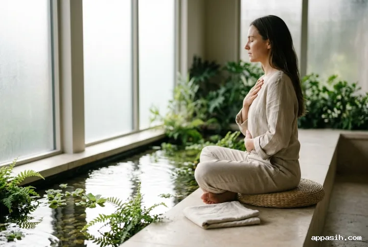 Three-quarter view of a woman taking a measured breath beside an indoor water garden in a softly illuminated biophilic wellness retreat.