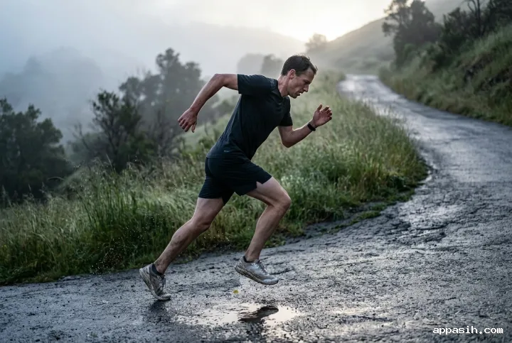 Closer side-front view of an athlete powering through a rainy dawn hill sprint on a misty park path in Fine Art Photography.