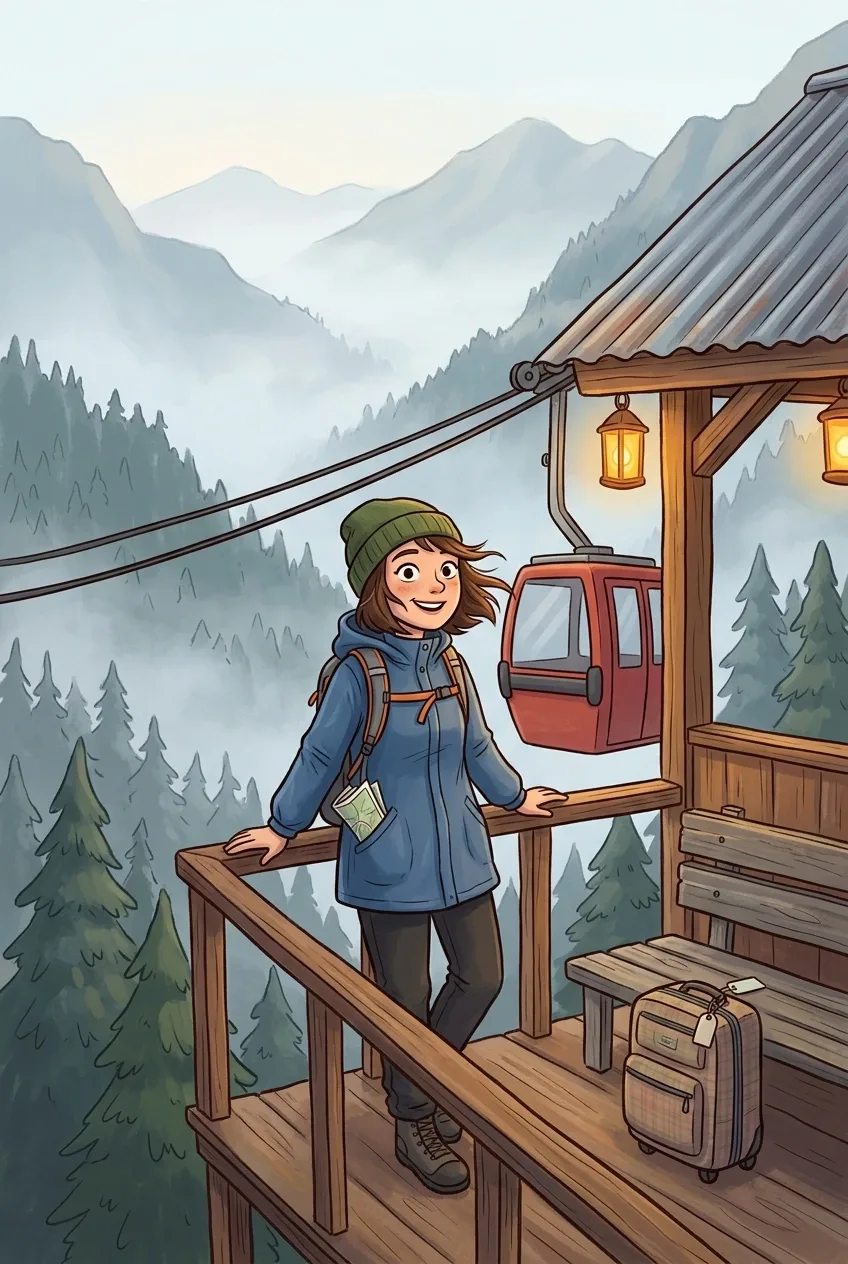 Cartoon traveler with a backpack waiting at a misty mountain cable car station overlooking a pine-covered valley.
