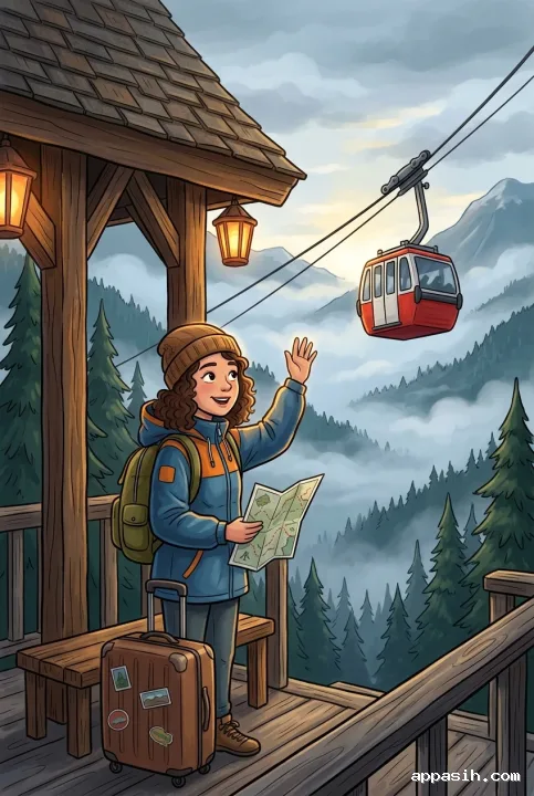 Cartoon traveler waving toward an arriving red cable car at a misty mountain station above a pine valley.