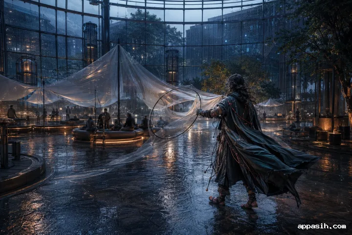 Sensory Quietness Architect releasing large acoustic membranes across a reflective public atrium during a cool rainy evening.
