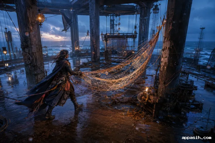 Future artisan stretching a vast translucent woven tapestry across a rain-soaked coastal transmission hall at blue hour.