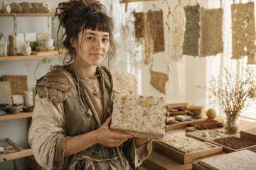 Anonymous biomaterial artisan holding a handcrafted mycelium sample inside a warm daylight workshop filled with natural fibers and cultivation trays.