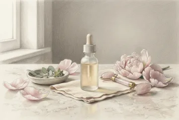 Colored pencil drawing of a botanical facial serum bottle with a rose quartz facial roller, flower petals, cotton cloth, and botanical leaves on a pale stone vanity.