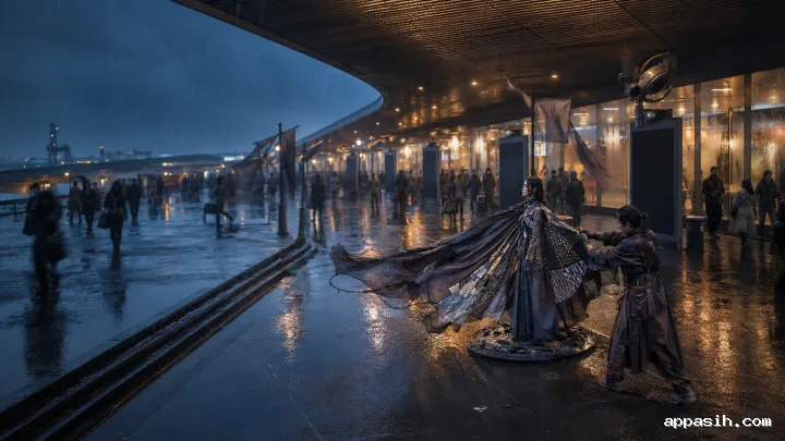 Privacy tailor unfolding a large handcrafted anti-surveillance cloak around a volunteer beneath a rainy transit canopy at blue hour.