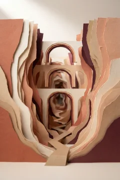 Abstract layered paper canyon with three floating geometric arches, folded pathways, warm terracotta paper contours, and dimensional papercraft shadows.