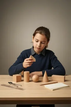 Student learning geometry with wooden geometric shapes, ruler, compass, and study tools in a clean studio setting.