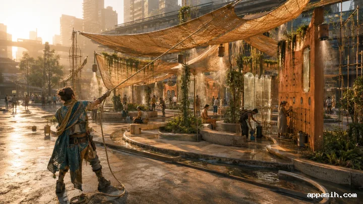 A microclimate commons steward raises woven cooling canopies above a heat-stressed urban plaza filled with terracotta walls, moss curtains, rainwater channels, mist, plants, and resting pedestrians during a hazy amber heatwave.
