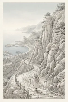 Line Art drawing of a lone traveler descending a lantern-lined cliffside trail toward a misty coastal village and sheltered harbor at dawn.