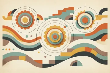 Abstract retro illustration with three layered paper suns, circular orbits, and flowing geometric waves in orange, mustard, teal, cream, and charcoal.