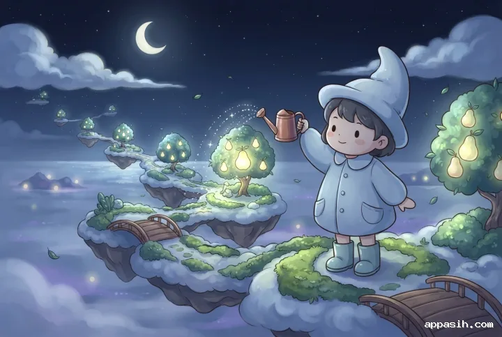 Chibi moon gardener pouring sparkling water onto a glowing tree in a floating cloud orchard under crescent moonlight.