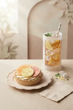 Paper-cut citrus tart with orange, lemon, and grapefruit slices beside iced herbal tea in a handcrafted papercraft café still life.
