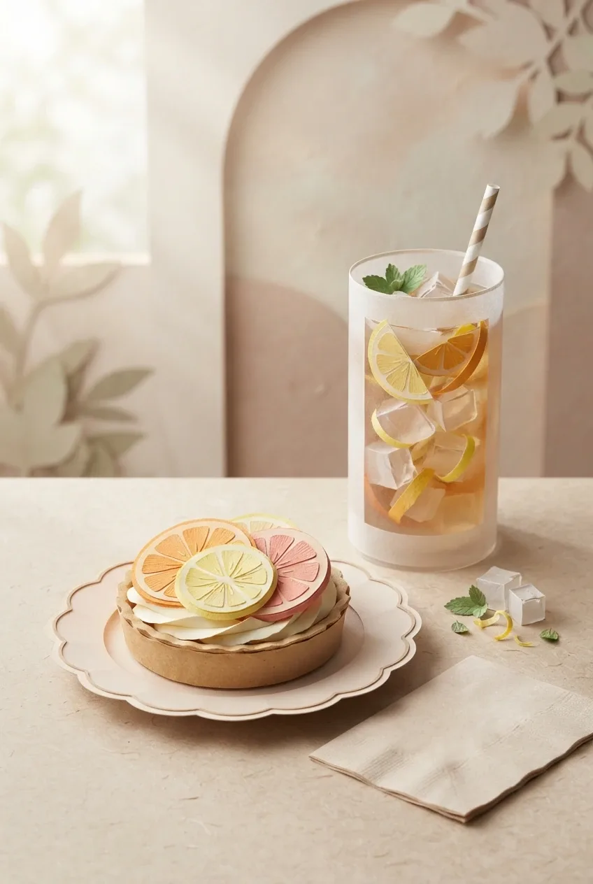 Paper-cut citrus tart with orange, lemon, and grapefruit slices beside iced herbal tea in a handcrafted papercraft café still life.