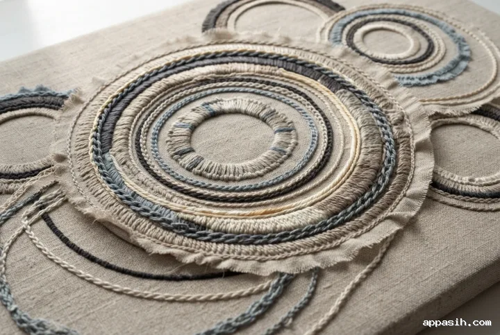 Close three-quarter view of abstract embroidered tidal rings on layered linen with raised stitches, frayed textile edges, and muted clay, dusty blue, charcoal, sand, and ivory accents.