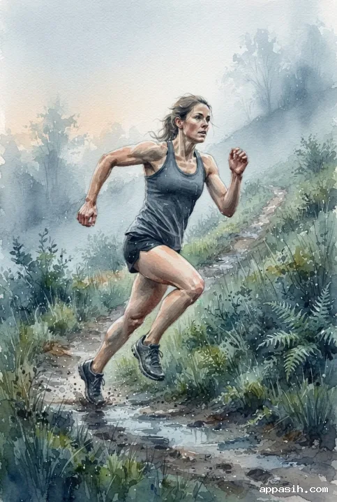 Detailed watercolor painting of an athlete driving uphill through a wet misty training path at dawn.