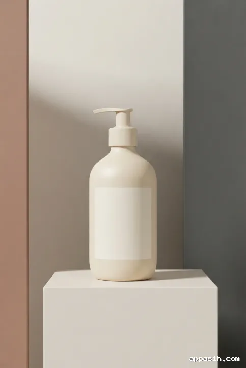 Closer three-quarter view of a minimalist graphic refillable soap bottle mockup on the same geometric pedestal with muted clay accents and defined studio shadows.