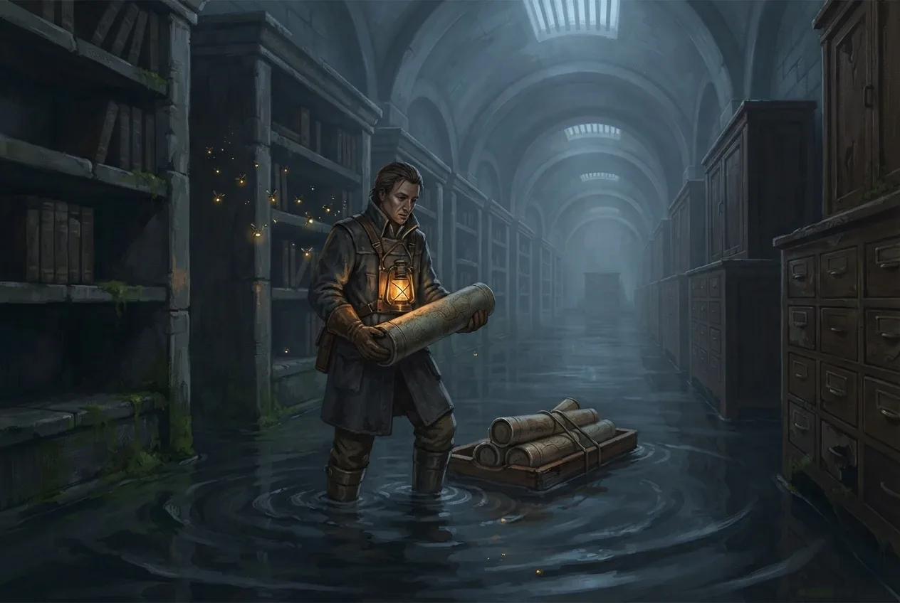 Concept Art of a lantern keeper carrying a map cylinder through a flooded underground archive while mechanical fireflies hover above reflective water.