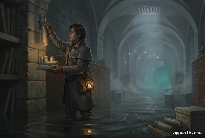 Detailed Concept Art of a lantern keeper lifting a sealed map cylinder beside a floating archive tray in a misty flooded underground archive with mechanical fireflies.