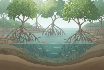 Scientific illustration of a mangrove tidal ecosystem with arching roots, juvenile fish, crabs, shellfish, shallow estuary water, fallen leaves, and layered coastal sediment.