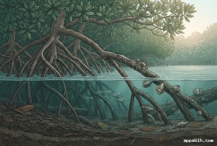 Detailed scientific illustration of a mangrove tidal ecosystem showing mature mangrove trees, intricate prop roots, juvenile fish, a climbing crab, shellfish, leaf litter, shallow estuary water, and layered sediment.