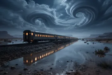 Surreal night train crossing a shallow flooded desert with glowing carriage windows reflected in still water beneath enormous storm clouds.