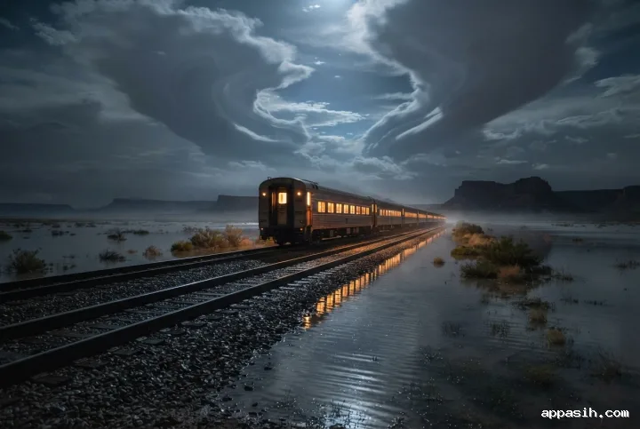 Surreal passenger train viewed from a closer low three-quarter angle as it crosses a flooded desert under sculptural storm clouds and silver-blue moonlight.
