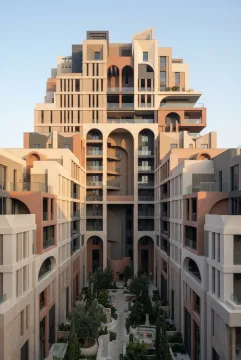 Geometric graphic courtyard tower with stacked terraced arches, angular balconies, patterned masonry walls, and a narrow landscaped garden.