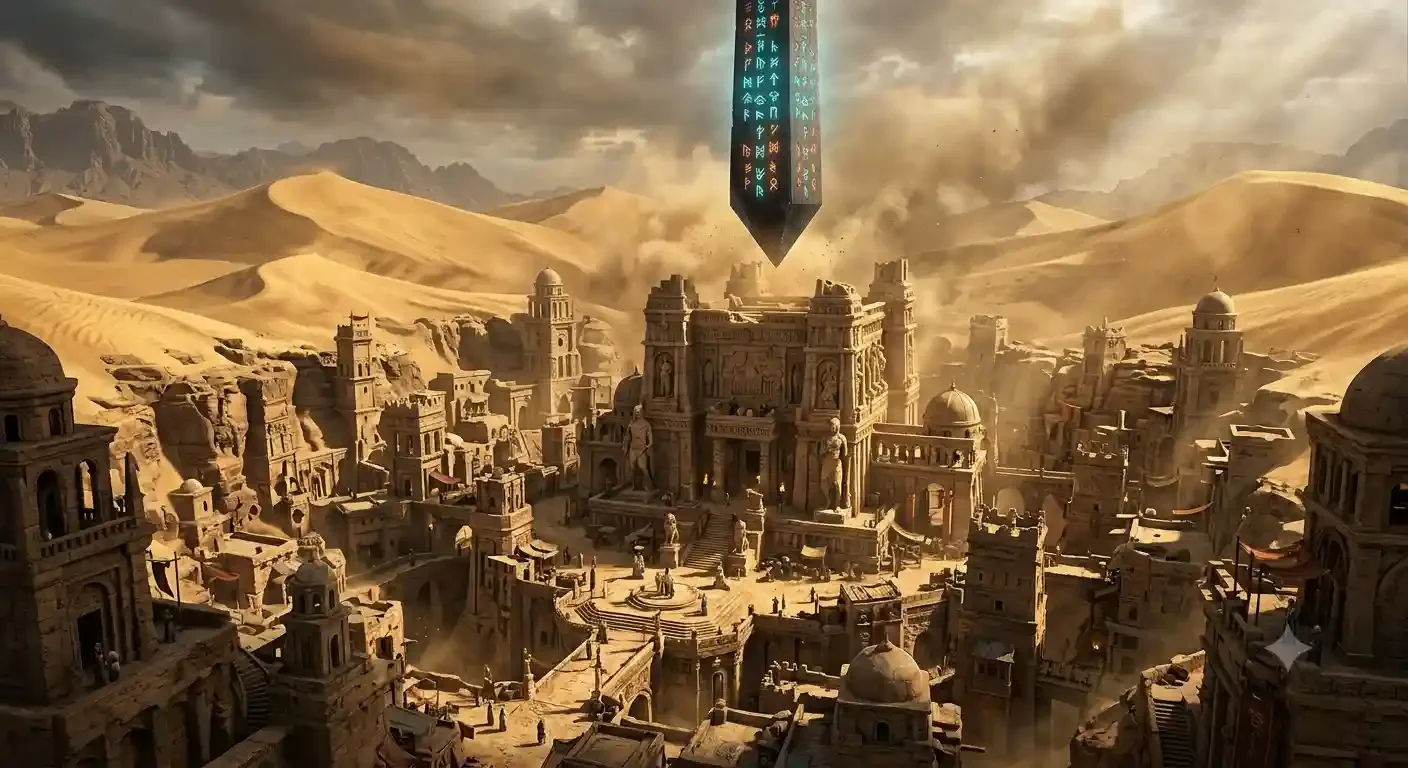 Premium fantasy concept art of an ancient desert city with a floating obelisk and cinematic golden lighting